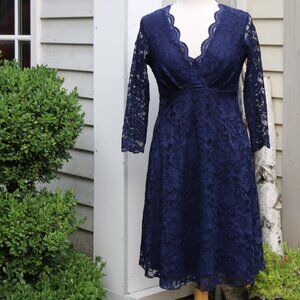 Flounce London Navy Blue Lace V-Neck Empire Waist Dress Sz 10